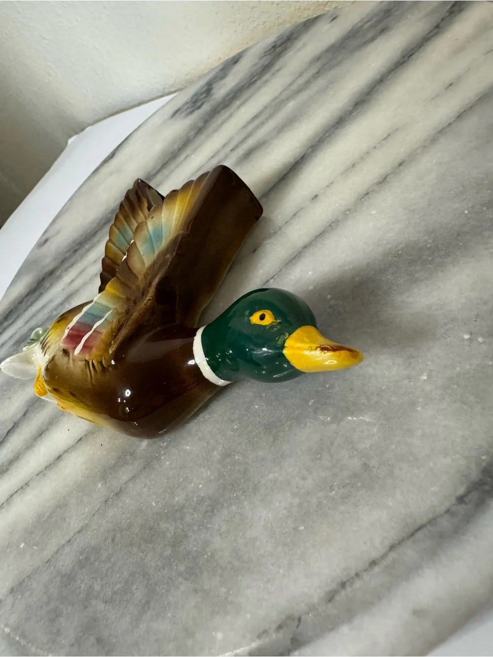 Vintage Hand-Painted Flying Mallard Wall Pocket Decor - Green/Brown